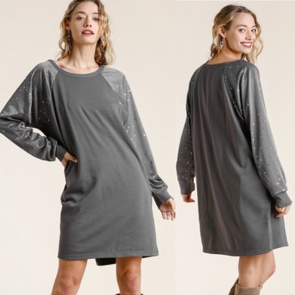 Umgee Dresses & Skirts - Umgee | Ash Gray Long Sleeve Raglan Sweatshirt Dress Winter Gold Star New Medium